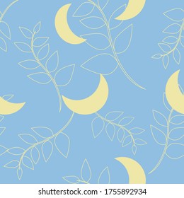 Textile vector seamless pattern. Abstract with moons, twigs, springs and leaves. Exclusive fabric seamless print