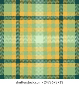 Textile vector texture of check pattern background with a plaid seamless tartan fabric in green and traditional gold colors.