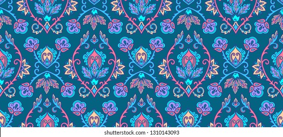 Textile and wall traditional Turkish floral colorful ornament on blue background, vector seamless pattern tile