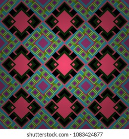 For textile, wallpaper, wrapping paper. Hand drawn seamless pattern. Vector tribal design in gray, blue and beige colors. Zigzag and stripe line, rhombus and tiles. Ethnic theme.