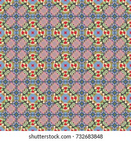For textile, wallpaper, wrapping paper. Hand drawn seamless pattern. Vector tribal design in beige, blue and gray colors. Zigzag and stripe line, rhombus and tiles. Ethnic theme.