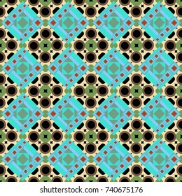 For textile, wallpaper, wrapping paper. Hand drawn seamless pattern. Ethnic theme. Vector tribal design in blue, green and beige colors. Zigzag and stripe line, rhombus and tiles.