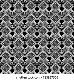 For textile, wallpaper, wrapping paper. Vector tribal design in white, black and gray colors. Ethnic theme. Zigzag and stripe line, rhombus and tiles. Hand drawn seamless pattern.
