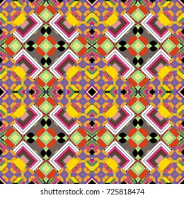 For textile, wallpaper, wrapping paper. Vector tribal design in magenta, yellow and violet colors. Zigzag and stripe line, rhombus and tiles. Hand drawn seamless pattern. Ethnic theme.