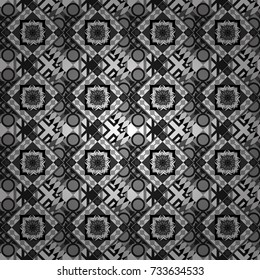 For textile, wallpaper, wrapping paper. Vector tribal design in black, white and gray colors. Ethnic theme. Zigzag and stripe line, rhombus and tiles. Hand drawn seamless pattern.