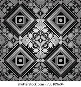 For textile, wallpaper, wrapping paper. Vector tribal design in black, white and gray colors. Hand drawn seamless pattern. Ethnic theme. Zigzag and stripe line, rhombus and tiles.