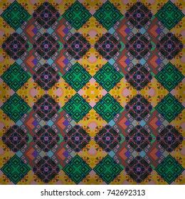 For textile, wallpaper, wrapping paper. Vector tribal design in yellow, green and blue colors. Ethnic theme. Zigzag and stripe line, rhombus and tiles. Hand drawn seamless pattern.