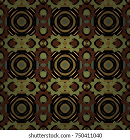For textile, wallpaper, wrapping paper. Vector tribal design in black, brown and green colors. Zigzag and stripe line, rhombus and tiles. Hand drawn seamless pattern. Ethnic theme.