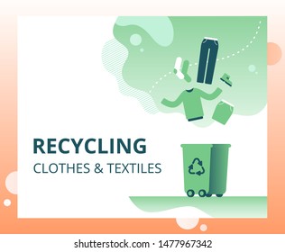 Textile waste recycling concept for landing page, template, ui, web. Old clothing and fabric for repurpose and re-use.