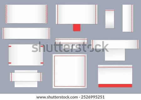 Textile white labels for clothes. Fabric tags templates. Wrong side empty sewn patches for instruction text and logos. Cotton material badges with stitches. Vector
