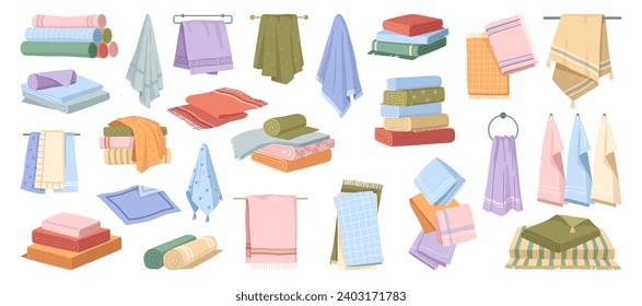 Textile for wiping face and hands, isolated soft towels folded or rolled, placed in pile or hanged on ring. Vector bathroom and kitchen fabric for cleaning, hygiene and spa or beach design