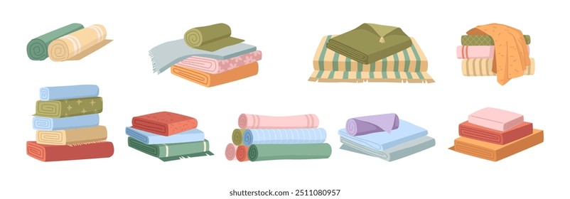 Textile for wiping face and hands, isolated soft towels folded or rolled, placed in pile or hanged on ring. Vector bathroom and kitchen fabric for cleaning, hygiene and spa or beach rest