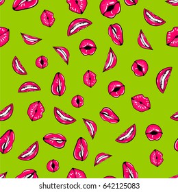 Textile, wrapping paper, bed linen. Vector background colored illustration. Abstract romantic repeated girlish elements woman kissing lips, smiling, dare comics, cartoon pop art style.