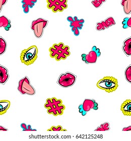 Textile, wrapping paper, bed linen. Abstract repeated girlish elements woman lips, fashion eyes, web hashtag, giraffe love, tongue comics, cartoon style. Vector background colored illustration.
