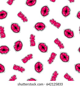 Textile, wrapping paper, bed linen. Abstract romantic repeated girlish elements woman kissing lips, love lettering comic text, cartoon pop art style. Vector background colored illustration.