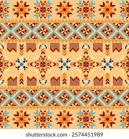 A textile-inspired geometric pattern featuring symmetric shapes, stars, and diamond motifs in warm tones like brown, orange, beige, with accents of blue on a neutral background vector ethnic navajo