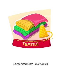 Textiles concept design with rolls of fabric and thread, vector illustration