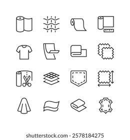 Textiles and Fabrics, linear style icon set. Icons depicting materials and tools used in the textile industry. Rolls of fabric, sewing patterns, stitching, and leather. Editable stroke width