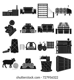 Textiles, industry, factory and other web icon in black style. Plant, mill, building, icons in set collection.