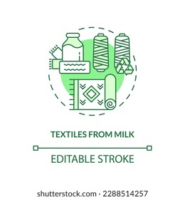 Textiles from milk green concept icon. Casein protein. Sustainable fashion. Eco friendly fiber idea thin line illustration. Isolated outline drawing. Editable stroke. Arial, Myriad Pro-Bold fonts used