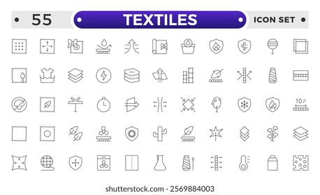Textiles outline icon. Fabric features line icon set. Fabric, textile material, cotton, leather, silk, synthetics, wool, bamboo, waterproof, windproof. Outline vector icon in linear style.
