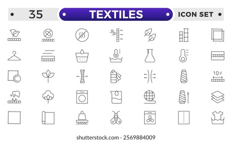 Textiles outline icon. Fabric features line icon set. Fabric, textile material, cotton, leather, silk, synthetics, wool, bamboo, waterproof, windproof. Outline vector icon in linear style.
