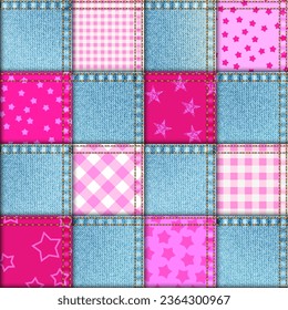 Textille patchwork pattern. Pink and denim in Barbie style. Seamless Vector image.