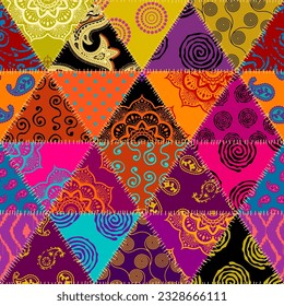 Textille patchwork pattern. Seamless Vector image. Bright tribal patchwork.