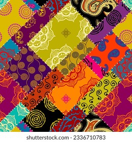 Textille patchwork pattern. Seamless Vector image. Bright tribal patchwork.
