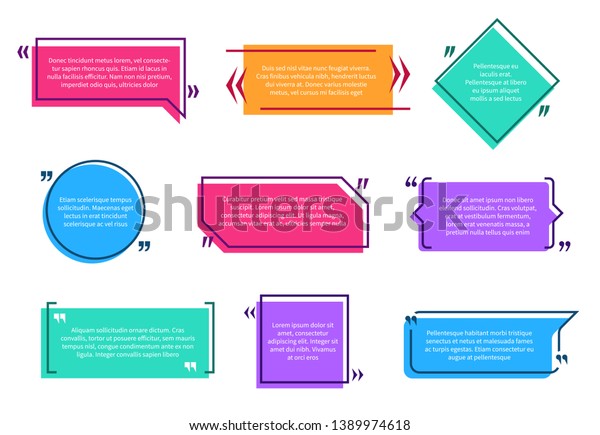 Texting boxes. Colored quote box speech bubble\
template text note brackets citation message page empty frame\
stickers cartoon vector\
isolated