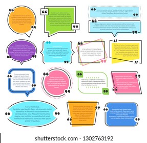Texting boxes. Quote text design info boxes quotation bubble blog quotes symbols. Speech citation balloons, remark frame vector set