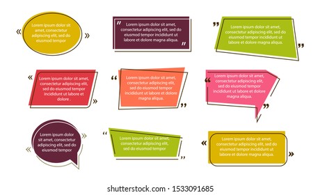 Texting boxes. Quotes in colored bubbles. The text of expressions in frames and quotation marks. Design of colored geometric shapes for quotes. Vector isolated