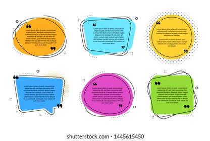 Modelo de caixas de texto. Caixas de informações de design de texto de cotação. Bolhas de bate-papo de cotação. Publicar citação com aspas. Balões de citação de fala. Modelo de bolha de comentários. Conjunto de emblemas vetoriais
