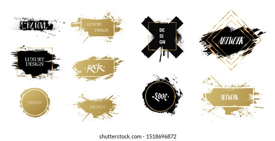 Texting boxes. Vector golden brush stroke, brush, line or texture. Quote box speech template. Vector dirty artistic design. Beautiful patterns for text, frames with paint and gold frames. Vector 
