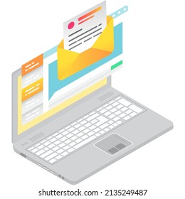 Texting email on laptop computer vector icon. Letter mail writing. Online message typing and sending isometric 3d