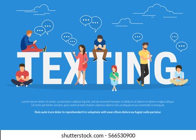 Texting messages concept illustration of young people using smartphone for sending messages via mobile meesenger app. Flat design of guys and women standing near big letters