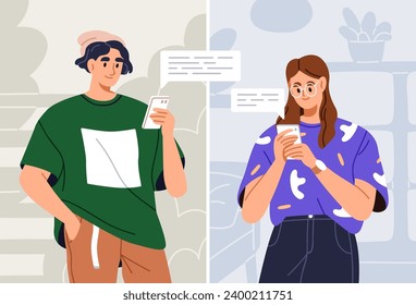 Texting messages online. Man and woman couple with mobile phones during internet communication in live chat. Friends using smartphones, messenger, social media to communicate. Flat vector illustration