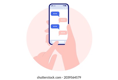 Texting on mobile phone - Hand holding smartphone and writing text messages on oval frame with white background. Vector illustration