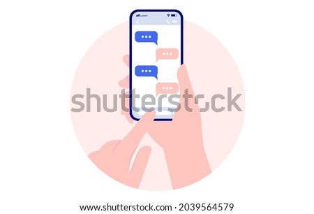 Texting on mobile phone - Hand holding smartphone and writing text messages on oval frame with white background. Vector illustration