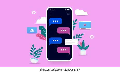 Texting on mobile phone - Smartphone with dark screen and text messages on pink background. Flat design vector illustration