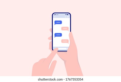 Texting - Person sending text messages on smartphone. Phone in right hand, and writing with left hand. Vector illustration.