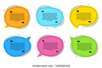 Texting speech bubbles template. Quote text design info chat boxes. Quotation bubbles. Speech citation balloons. Post citation with quotes. Citation chat balloons. Vector set