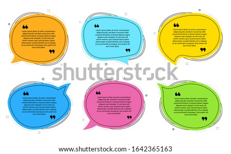 Texting speech bubbles template. Quote text design info chat boxes. Quotation bubbles. Speech citation balloons. Post citation with quotes. Citation chat balloons. Vector set