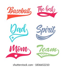 Texting tails. Colored Swoosh and swash vector set. Font tail for baseball and football sport logo design. Swish, Swirl  elements with inscriptions.