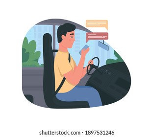 Cartel en el que se envía mensajes de texto mientras se conduce un cartel web vectorial 2D. Hombre en el asiento del auto. Conductor con personajes planos de smartphone sobre fondo de caricatura. Parche imprimible de conducción distrada, elemento web colorido