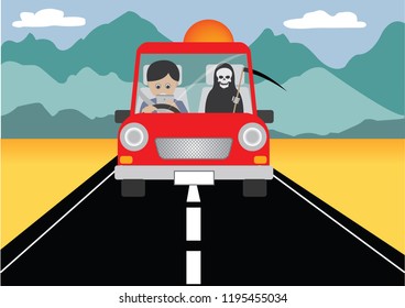 Texting While Driving On The Road . Vector Illustration