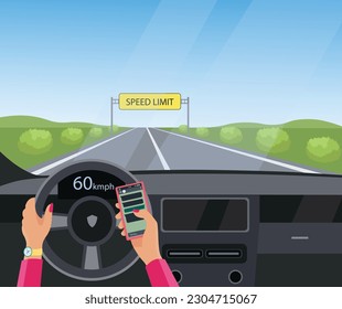 Texting while driving is very dangerous. Don't use mobile phone while driving vector illustration.