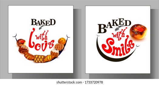 Text,inscription about a smile.Web Banner Design Template.3d Rum Baba.Bundt Cake with Sugar Glaze.Sweet Muffin.Croissant.Roll with  icing.Pastry.Poppy seed bun.Butter roll.Cupcake.Smile.