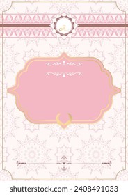 Textless wedding card with pink mandala and vintage decorative lines.