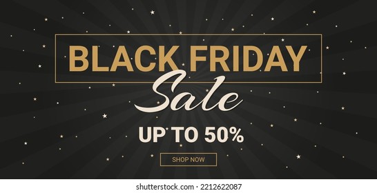 texts black friday sale up to 50 on dark background with stars and shop now button